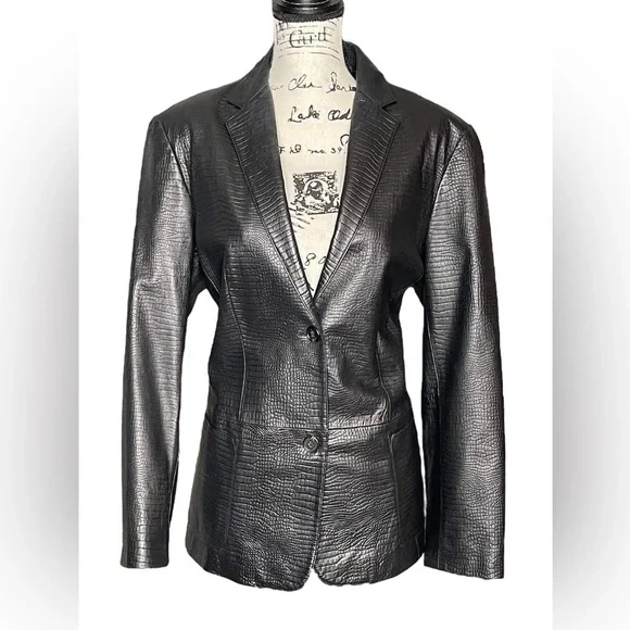 Ralph Lauren Crocodile Embossed Black Leather Jacket Blazer.Sz L. Mint - Picture 1 of 9